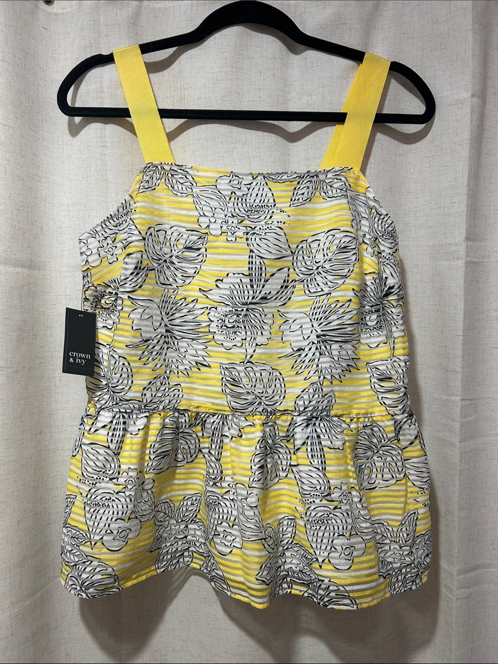 crown & ivy Yellow and White Floral Striped Peplum Tank